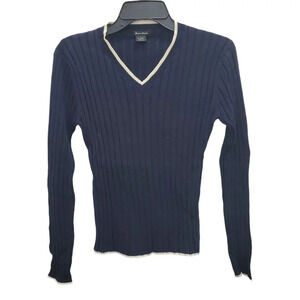 Guess‎ Jeans Women's Vintage Navy Ivory Preppy Ribbed V-neck Academia Sweater L